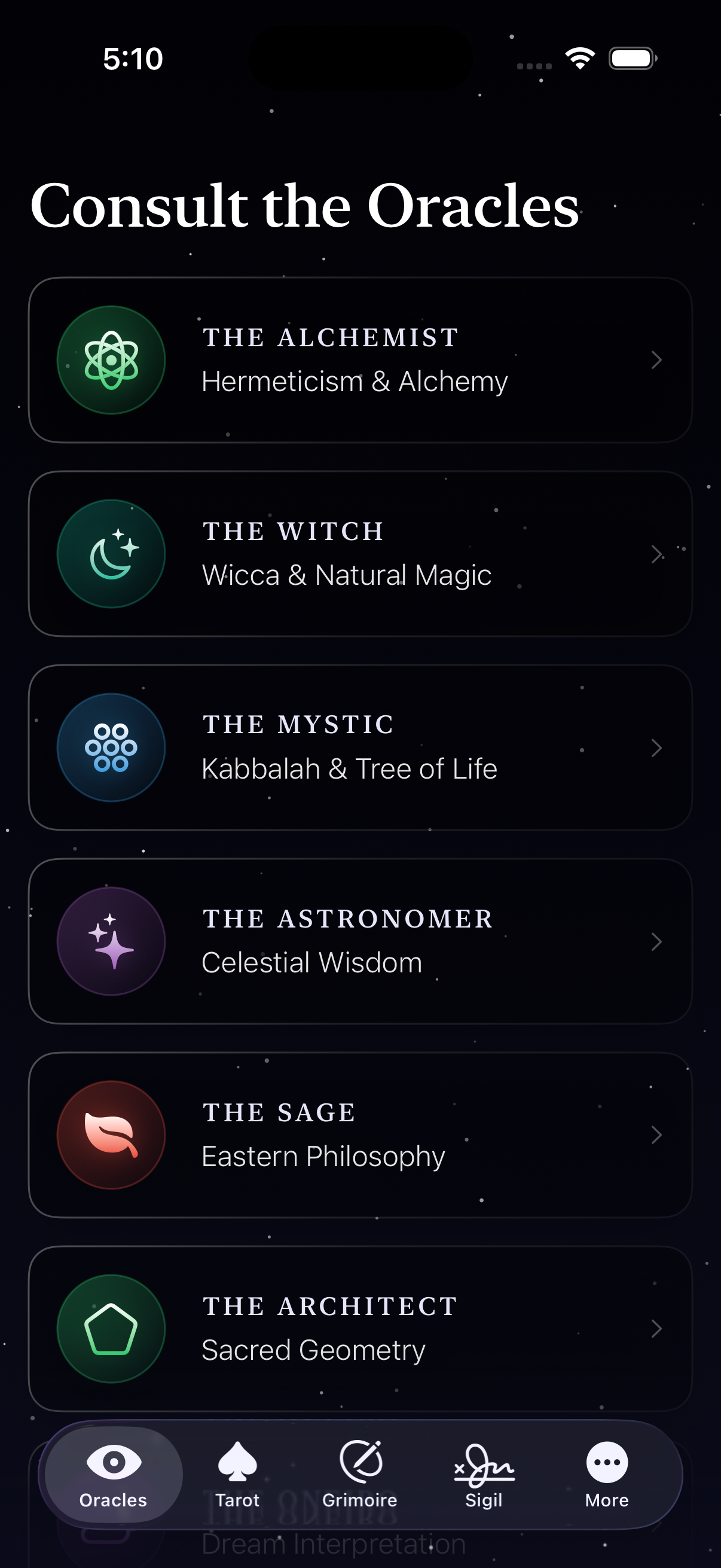Consult the Oracles - Choose from six mystical AI guides